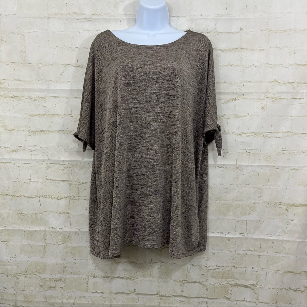 JM Collection Brown Metallic Slit Tie Short Sleeve Top